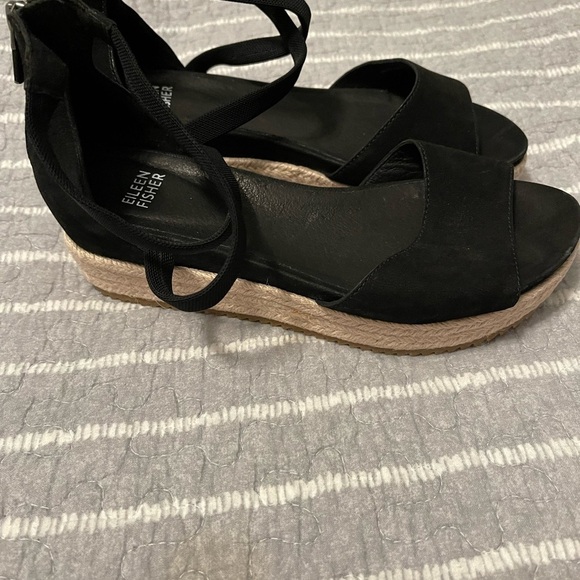 Eileen Fisher Wesson Black Suede Wedge Espadrilles Cross Cross Ankle Strap - Picture 2 of 6